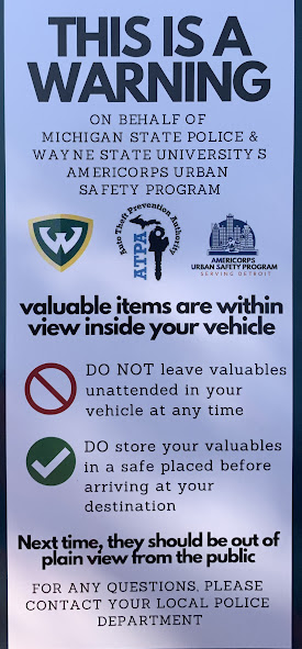 AMUSproject's tweet photo. Some AMUS members spent their time giving out tickets! Not the ones that cost you, but the ones that can help prevent theft. As students are coming back to campus, it’s important to keep your cars locked 🔒 and hide valuable items away from sight. #waynestate #fallsemester https://t.co/zv8iAqqM1C