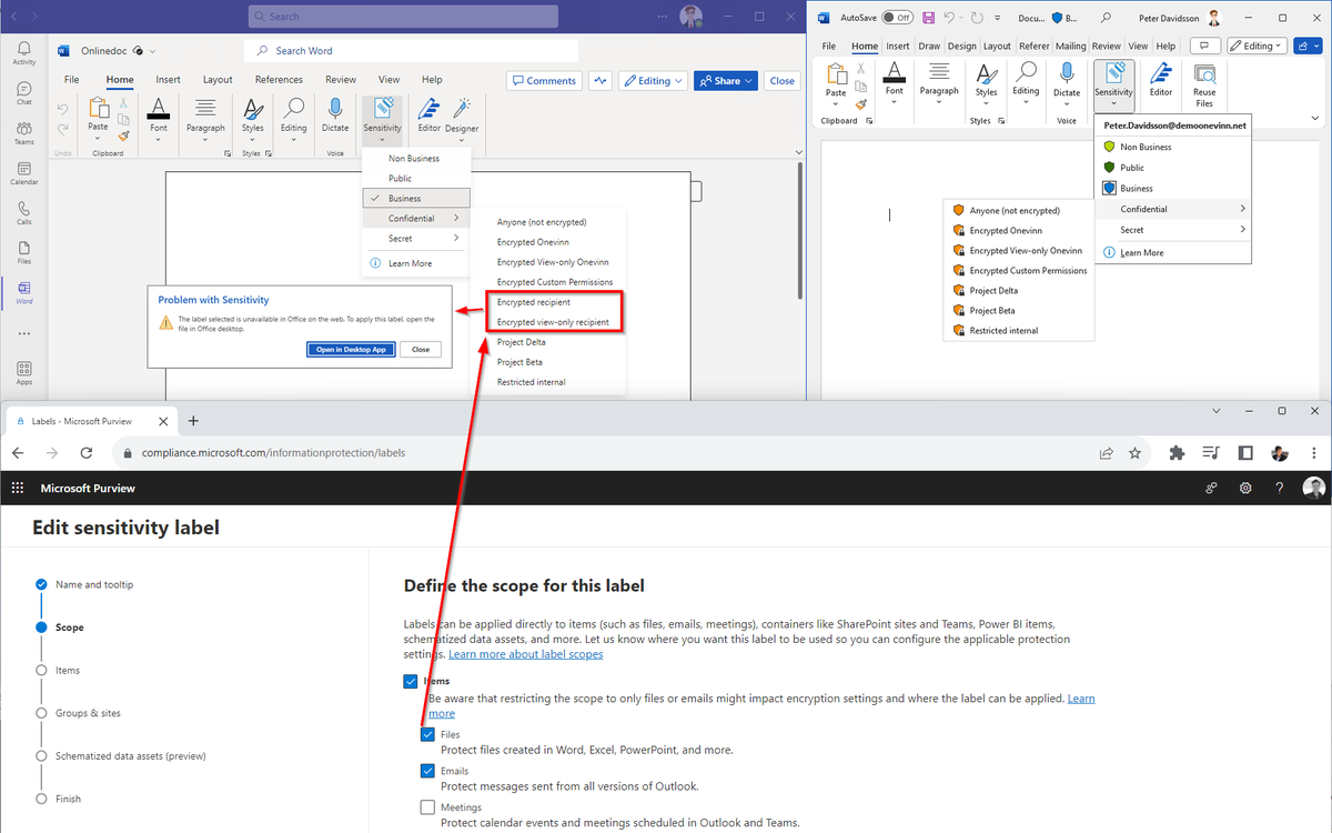 Have you noticed that Sensitivity Labels that have been exclusively configured for Outlook encryption need to be updated after the new scoping labels feature? Otherwise, these labels will appear and generate an error message when used in Office Online/Teams. #msPurview #MIP