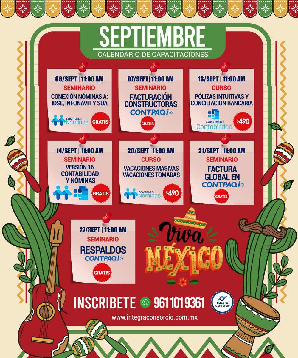Integra_ConEmp's tweet photo. ¡CALENDARIO DE #SEPTIEMBRE 2023!

Ya esta listo nuestro calendario mensual de #Cursos
¡Disponible en nuestra Web! 

Infórmate, Aprende, Actualízate
https://t.co/qiSxombrxE

#IntegraConsorcio #Capacitaciones #CONTPAQi #Sistemas #Nóminas #Contabilidad #Facturación #Aprende https://t.co/GGuDngA12X