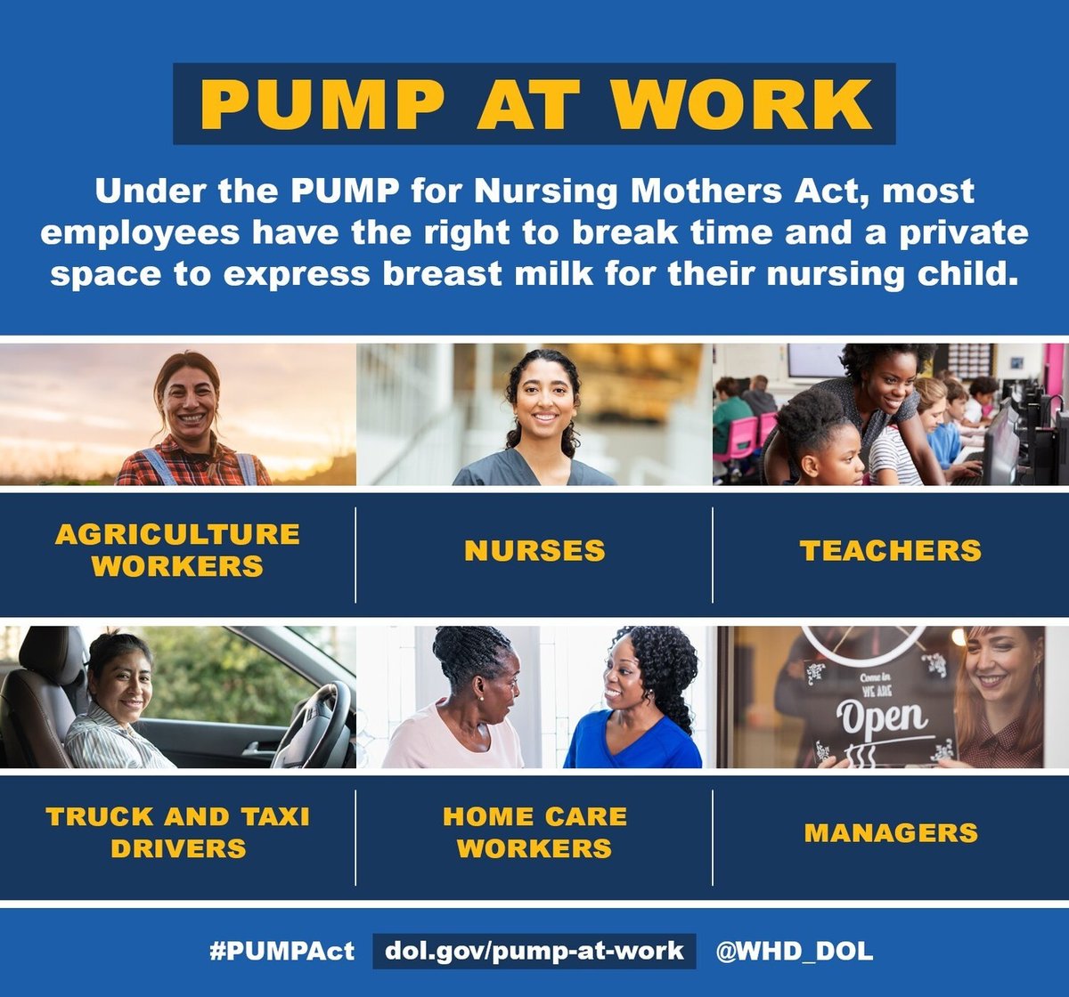 The U.S. Department of Labor is ensuring employees who breastfeed are equipped with the #PowertoPump at work. Visit dol.gov/pump-at-work to download key resources and learn more about your rights! 

#PowerToPump #NBM23 #NationalBreastfeedingMonth