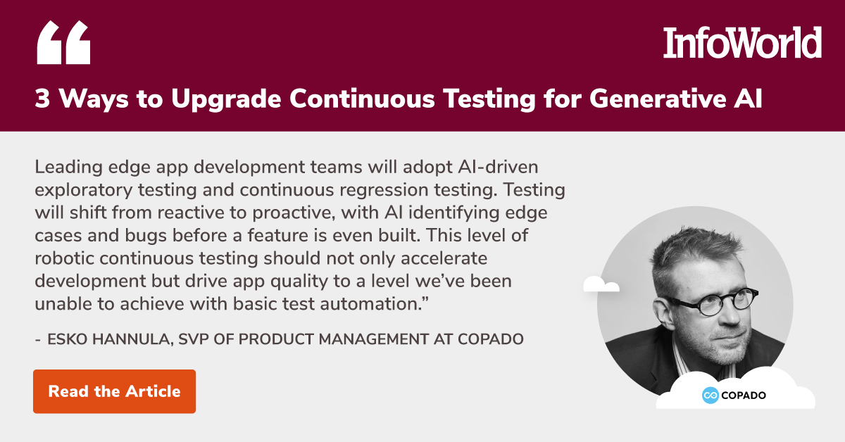 CopadoSolutions's tweet image. DevOps teams are using generative AI to speed up software development. Check out Infoworld’s article featuring our Senior VP of Product Management Esko Hannula to learn about how QA teams can leverage AI: ow.ly/oRHU50PFrWY

#GenerativeAI #QAtesting
