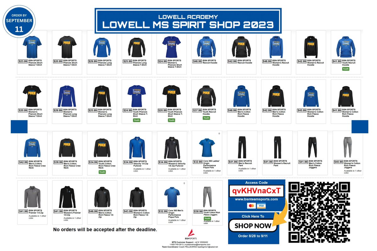 saisdlowell (@saisdlowell) on Twitter photo Get it while itâs hot ! Shop our amazing section of Lowell swag! Visit : bsnteamsports.com and use the access code on the flyer to buy an awesome Lowell shirt or hoodie and help support our athletics department. For more information please contact pellegrino1@saisd.net Get it while itâs hot ! Shop our amazing section of Lowell swag! Visit : bsnteamsports.com and use the access code on the flyer to buy an awesome Lowell shirt or hoodie and help support our athletics department. For more information please contact pellegrino1@saisd.net