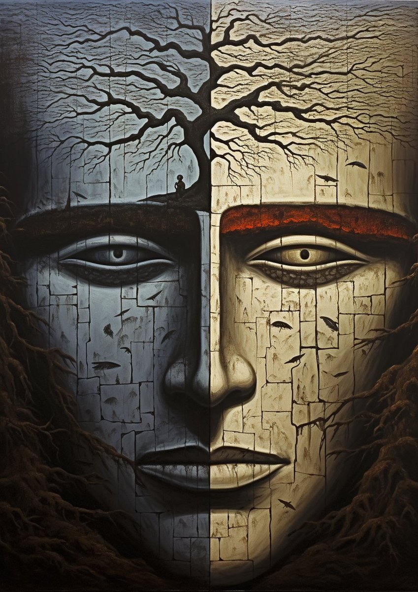 LeeMGibson's tweet photo. Two personalities, seemingly disparate, yet echoing the same thoughts, just tinted by different lenses. It's a dance of perspectives, a testament to the many sides of a single truth. 🎨 #DualityInArt #MirrorReflections" https://t.co/1CG5QCsucr
