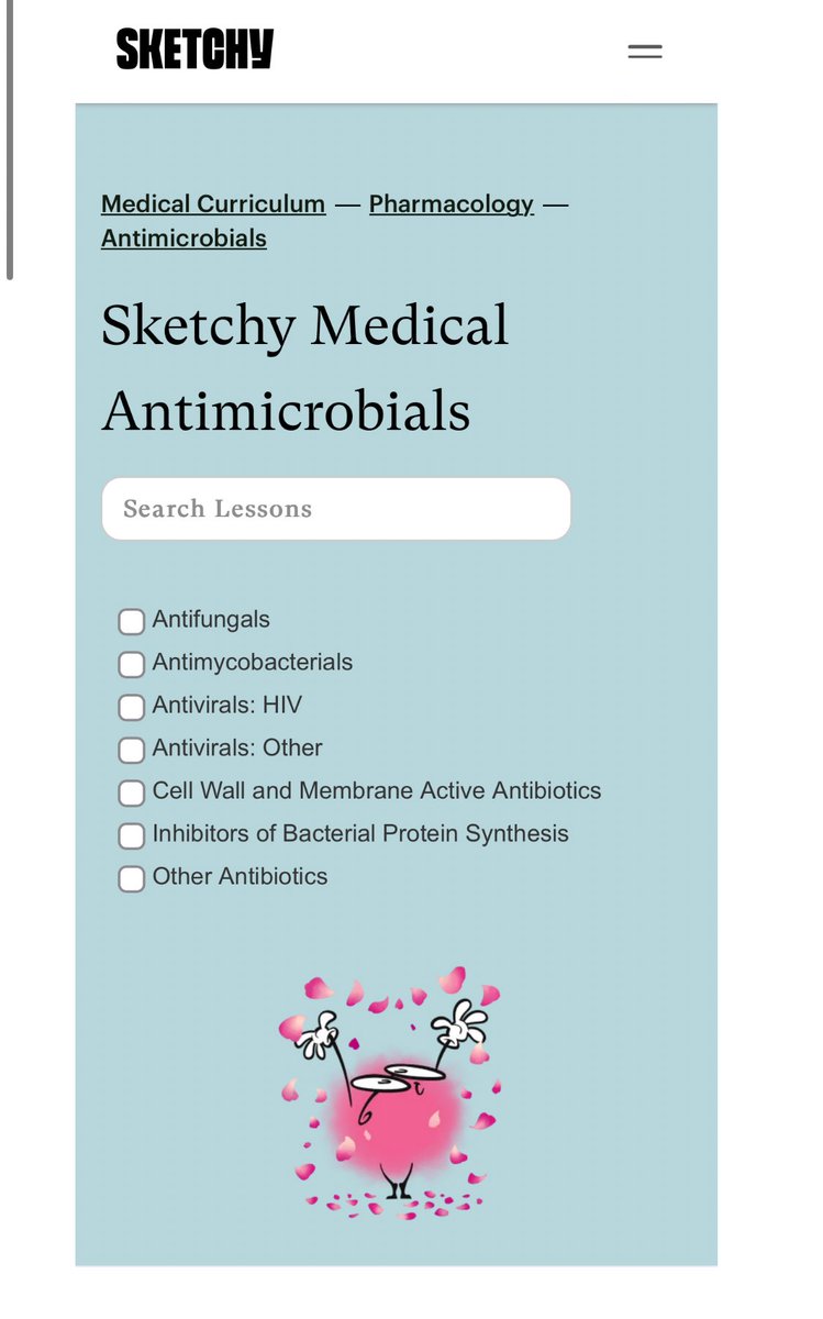 موقع sketchy رهيب ، عندهم videos لكل التخصصات الطبيه 

عندهم شروح للفارما بطريقه تساعدك على حفظ الأدويه وأنواعها من خلال الرسم والألوان🧠 ، قد تكون فكره ممتازه وغير تقليديه 

sketchy.com/medical-course…