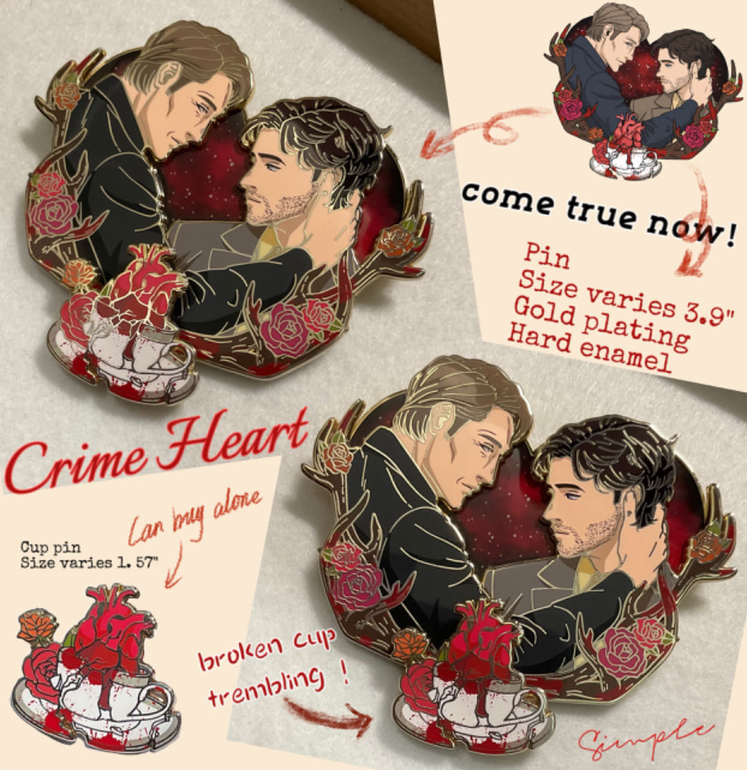 ShimmerJun's tweet photo. I did it! 🥳After two months of experiments with the factory, I finally got the effect I wanted.
In addition to the Big heart pin, I made some additional topper pins, which are standalone pins that can be purchased with crime heart or separately. https://t.co/q07pxuHM3j