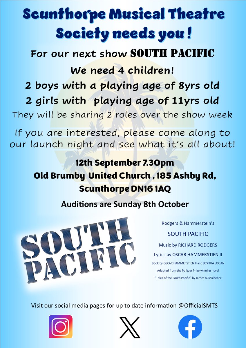 Does your children love performing, singing and acting? If so read the poster below! we would love to see you at our launch night!
#musicaltheatre #officialsmts #scunthorpe #southpacific