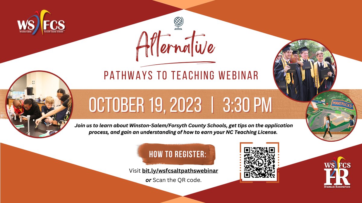 Mark your calendars for our next Alternative Pathways to Teaching Webinar! This event will be held on October 19 at 3:30 pm! We will discuss tips on the application process and help you learn how to earn your NC Teaching License. Sign up at bit.ly/wsfcsaltpathsw…!