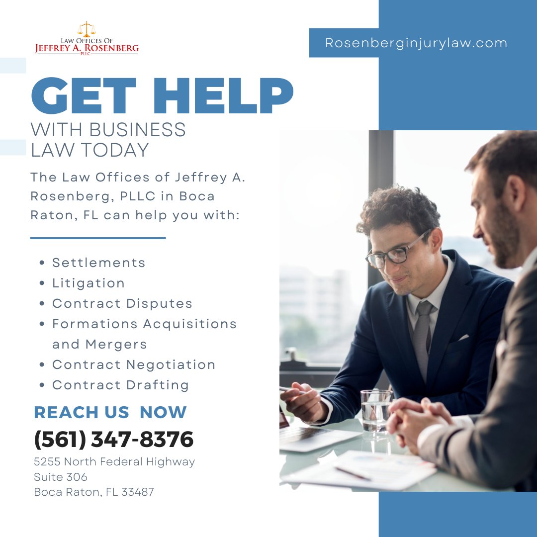 📚Running a business comes with challenges, but you don't have to face them alone. Introducing Jeffrey A. Rosenberg, your dedicated business law partner right here in beautiful Boca Raton, Florida. #JusticeForYou
#InjuryRights #LegalAdvice #LegalSupport