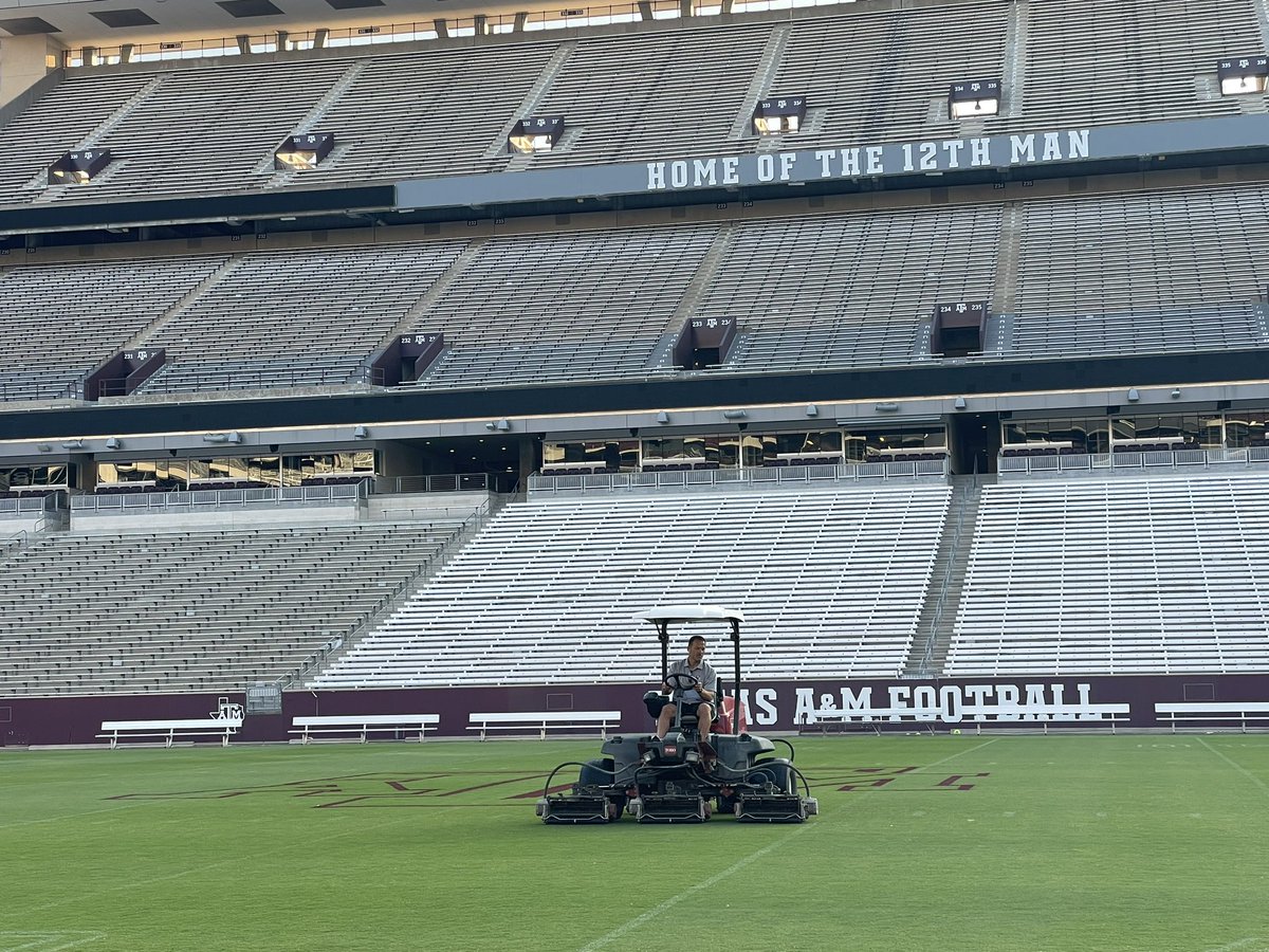 Had a little extra help this morning from the head man himself. Thanks for coming out this morning @RossBjorkAD and giving Kyle Field a fresh cut as we prepare for the first @AggieFootball game of the season! #BTHONewMexico
