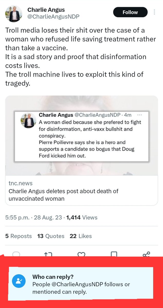 No1KnowsNobody's tweet photo. Using a gambling metaphor
Charlie Angus #NDP/ #CharlieAngusNDP DOUBLE DOWNS on his previous #ASININE remark over deceased #SheilaAnnetteLewis
Accuses others of what he projects; Troll Media/Machine
#CharlieAngus likes to talk tough, yet turns OFF the 'Everyone Can Reply' func. https://t.co/AO9dSPBhoB