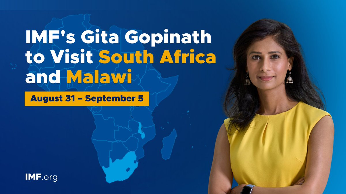 IMF’s Gita Gopinath will travel to South Africa and Malawi to discuss economic prospects and how the international community can best support both countries. She will also deliver a keynote speech at the <a href="/SAReserveBank/">SA Reserve Bank</a>'s Biennial Conference.

➡️Follow <a href="/GitaGopinath/">Gita Gopinath</a> for updates.