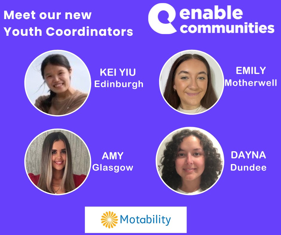 Meet some of our new Youth Team!! Our Youth Coordinators will be delivering our Youth Project, supported by <a href="/Motability/">Motability Foundation</a> for young people aged 8-18 across Scotland! If you would like more information please get in touch and be sure to say 'Hi'👋 to our new Team! #EnableCommunities