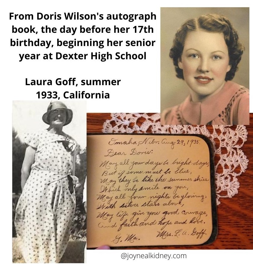 On this date in 1935.

Her Grandmother Goff lived in Omaha, where three sons lived. (Two more sons and a daughter lived in California.)

Doris (my mother) was Laura's oldest granddaughter.

#GreatDepression #LeorasDexterStories #autographbook #oldestgranddaughter #DexterIowa