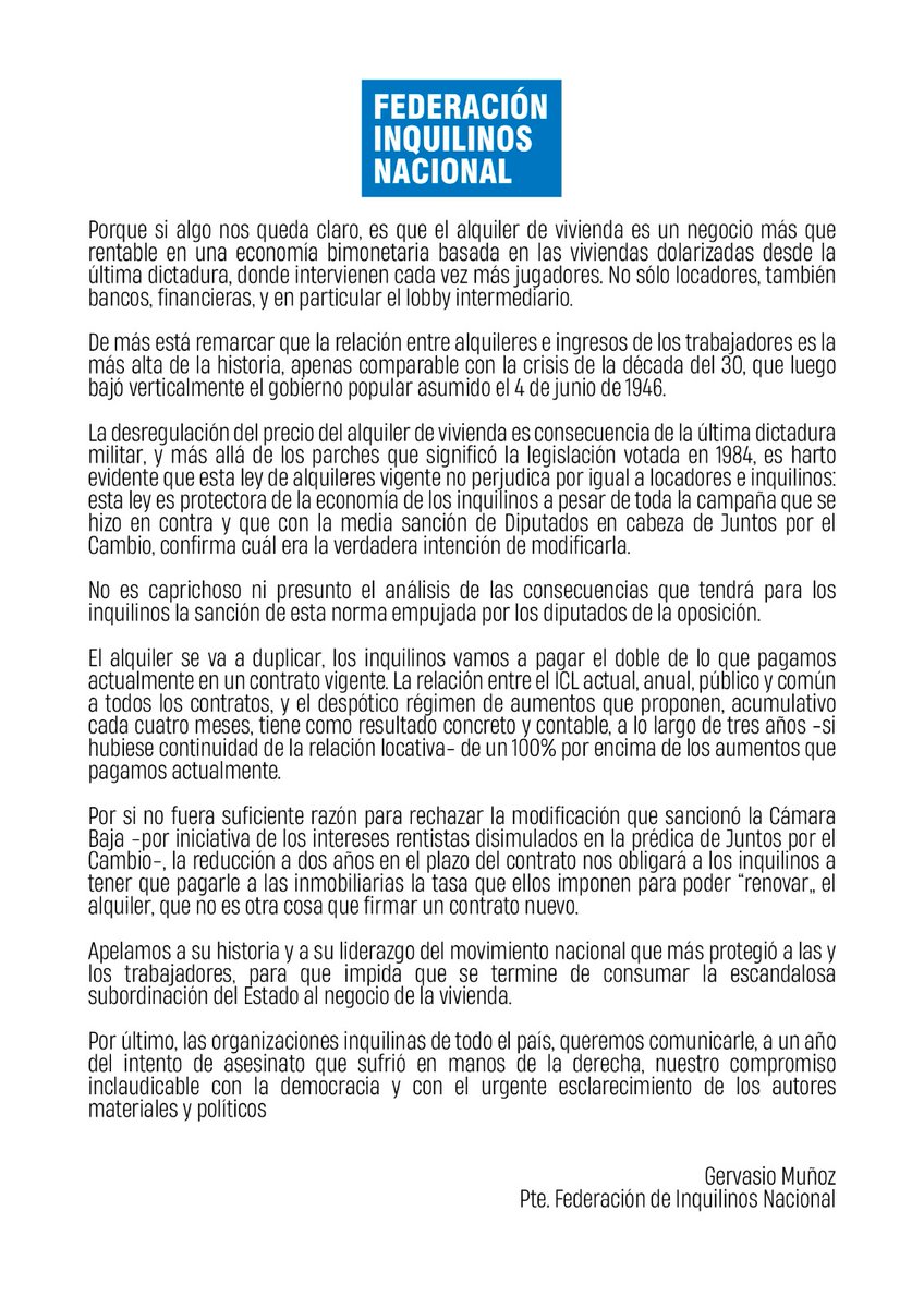 Las organizaciones inquilinas del país le hemos presentado una carta a Cristina Fernández de Kirchner donde solicitamos se convoque a todas las organizaciones para discutir el tratamiento en el senado de la ley del mercado inmobiliario.
