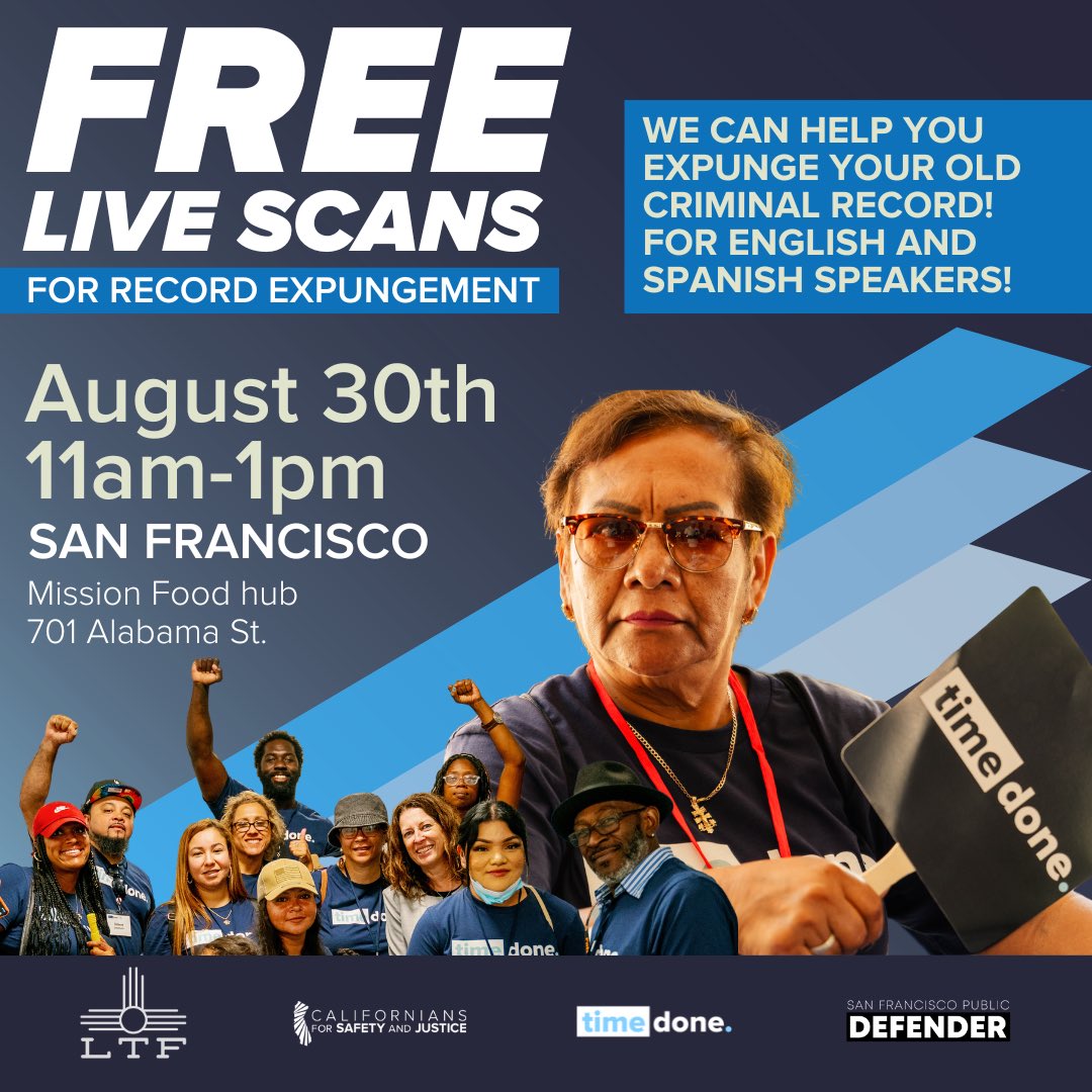 Free Live Scan/Expungement event tomorrow in San Francisco for English and Spanish speakers! Clinica para borrar su registro criminal en San Francisco mañana! Register here: act.safeandjust.org/a/expungement-…
