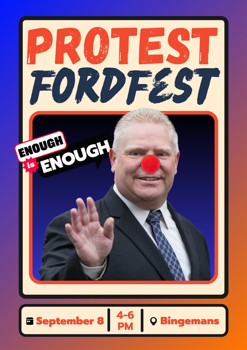 Fed up with Ford and his cronies? Let’s let them know, loud and clear. Join us as we Protest FordFest on September 8, 4-6pm at Bingemans.
#Fordfest #FordFailedOntario #Onlab #ontariolabour #OFL @OFLabour @CanadianLabour #kwawesome #RegionofWaterloo #Waterloo #Kitchener #Cambridge