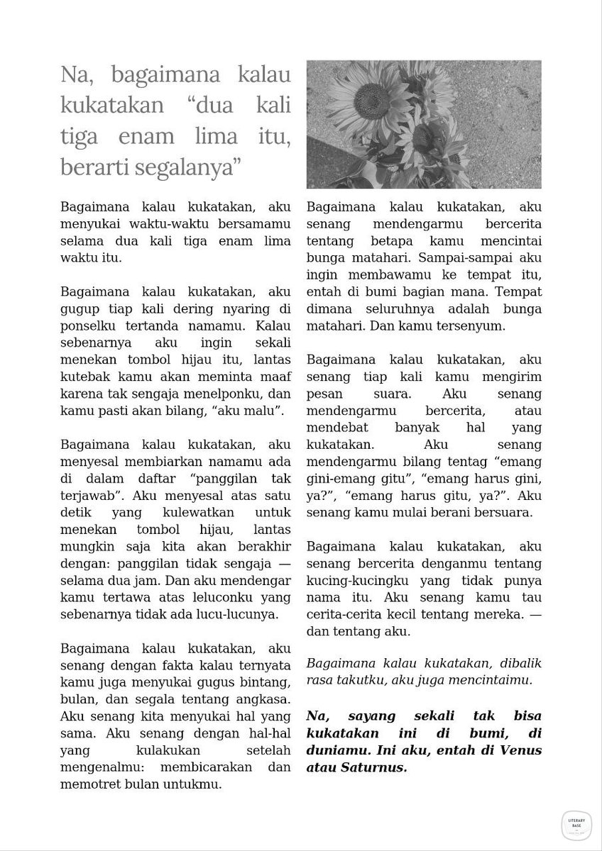 literarybase's tweet image. Karya;
Itu kamu di Venus atau Saturnus, Sa. Bukan di duniaku.