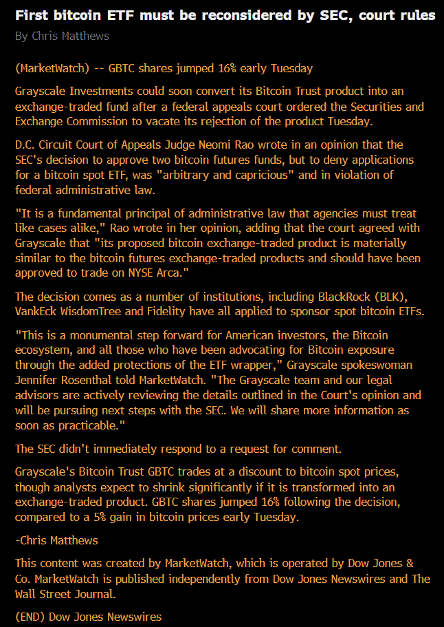 kamilgancarz's tweet photo. The court in the #Grayscale vs. SEC case has annulled the previous ETF rejection decision. This is a monumental moment for the entire #crypto community, especially for #Bitcoin . We now await further steps to grant conversion rights to the Bitcoin spot ETF for GBTC. Additionally, there are pending ETF approvals in the pipeline, notably from ARK Invest and #Blackrock.