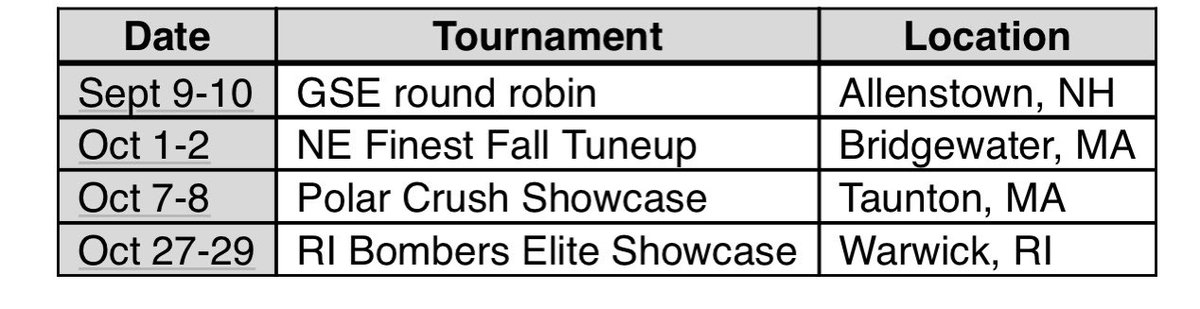 Back at it soon!
Fall tournament schedule!