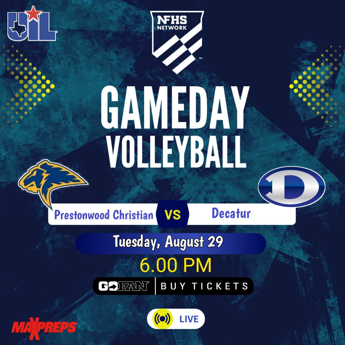 🏆UIL TEXAS VOLLEYBALL 
🏐 Prestonwood Christian vs Decatur
📽️ Live Streaming - cmsports.insidethegames.live/hsv.php
📅 Tuesday, August 29 @ 6p.
📍Decatur High School
<a href="/PCAAthletics/">PCAAthletics</a> <a href="/RecruitPCA/">RecruitPrestonwoodAthletics</a> <a href="/PrestonwoodPCA/">Prestonwood Christian Academy Plano</a> <a href="/decaturisd/">Decatur ISD</a> <a href="/Decatur_HS/">Decatur High School</a>