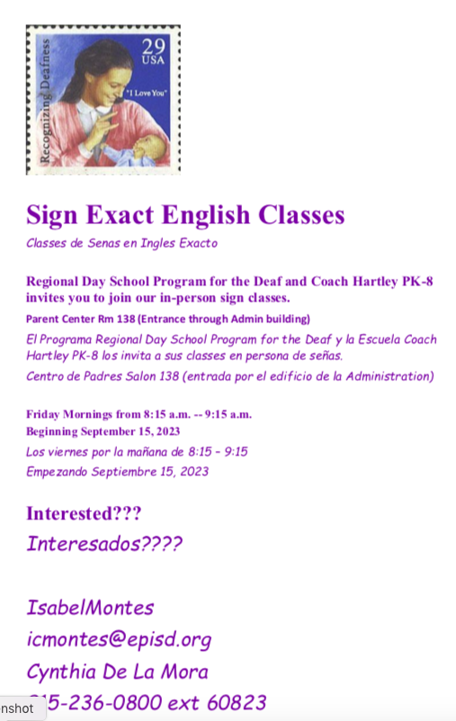 Sign Classes- Starting September 15th in the Parent Center @ 8:15am. Everyone is welcome! Snacks &amp; Refreshments will be provided.