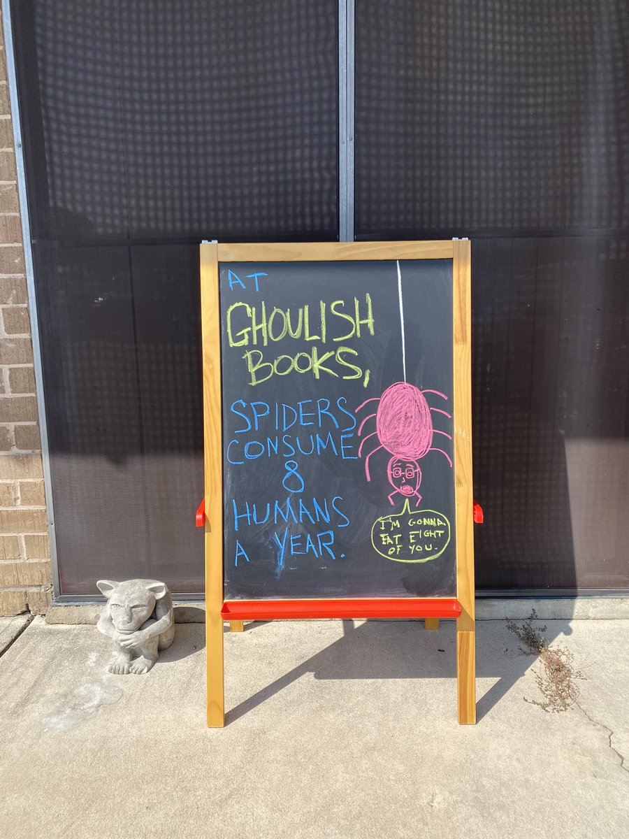 At Ghoulish Books, spiders consume 8 humans a year. 

This week’s #GhoulishBooks #chalkboardart.