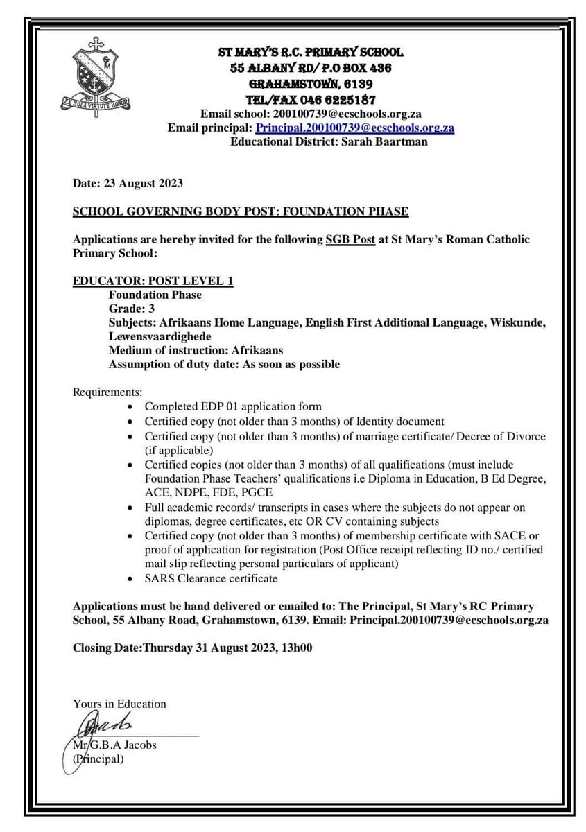 EC_Vacancies's tweet photo. More teaching posts around the EC.

#JobSeekersZA #JobSeekerSA #HireAGraduate https://t.co/jRyTjNg5Jo