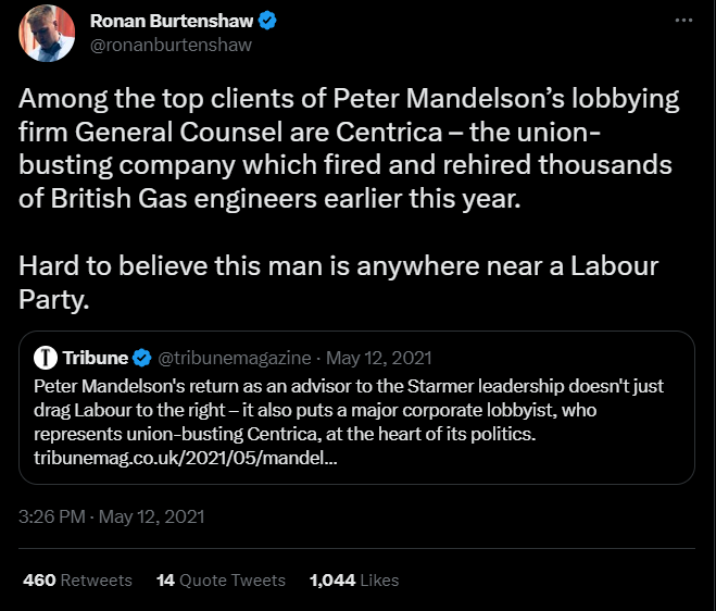 Centrica is on this list of shame. Starmer did a PR stunt with Centrica after it imposed fire/rehire on its workers. It has brutally ripped off vulnerable customers with forced pre-payment meter installations. It is a client of grandee Mandelson's Global Counsel.