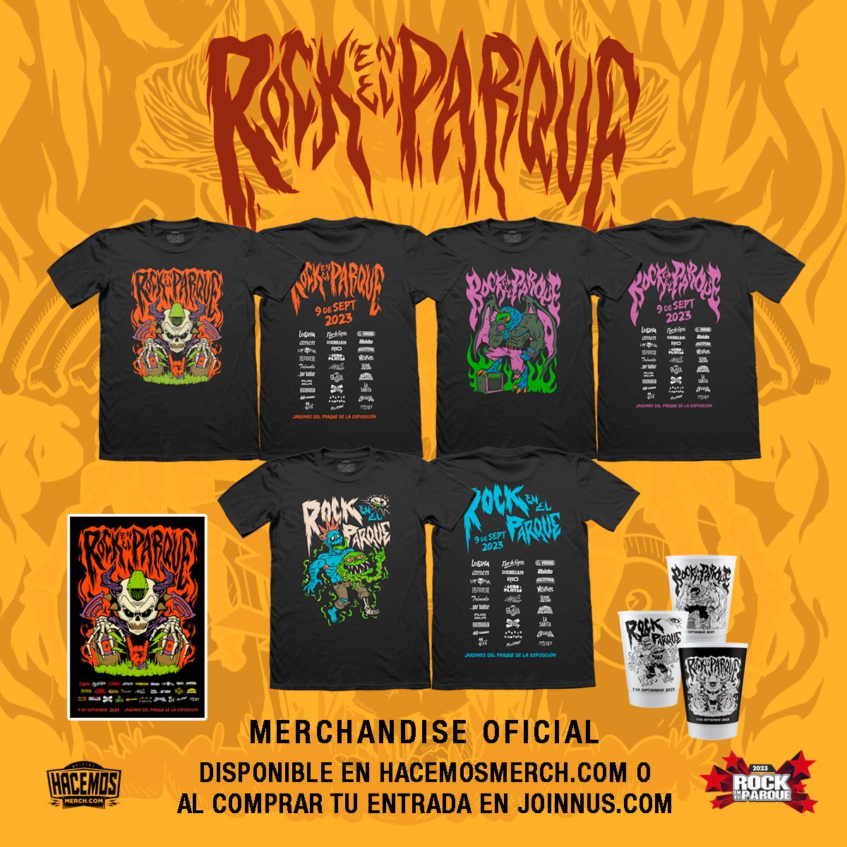 Hacemosmerch y Rock en el Parque te traen el merchandise oficial del Festival en su edición 2023. 
Ya pueden conseguirlo en HACEMOSMERCH.COM O al comprar tu entrada en <a href="/joinnus/">Joinnus</a> ¡Busca nuestros stands dentro del Parque!