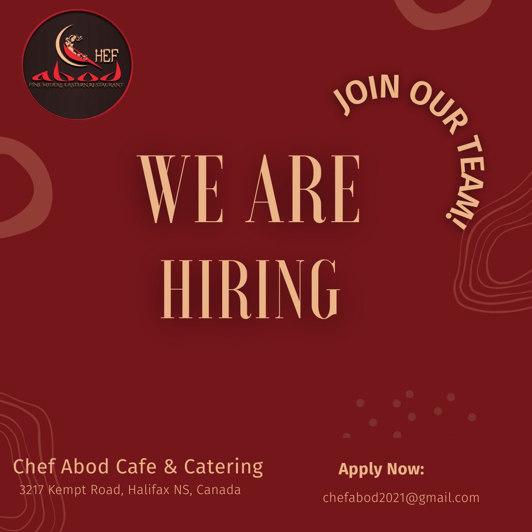 We are Hiring for all positions
Head chef 
Sous Chef 
Line cook 
Server 
Office manager.

Apply Now: chefabod2021@gmail.com
#halifax #hiring #job