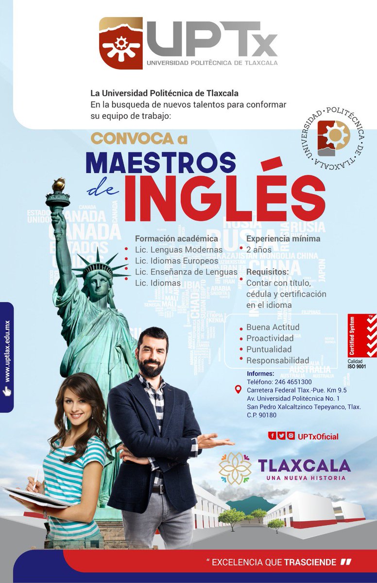 📚🌎 Convocatoria abierta para formar parte de nuestra planta docente como Maestro de Inglés. 

🟣 Interesados presentarse en RH de la UPTx el día jueves 31 de agosto de 10 a 12 del medio día. (Presentarse con CV)

#ConvocatoriaUPTx #MaestroInglés #UnaNuevaHistoria