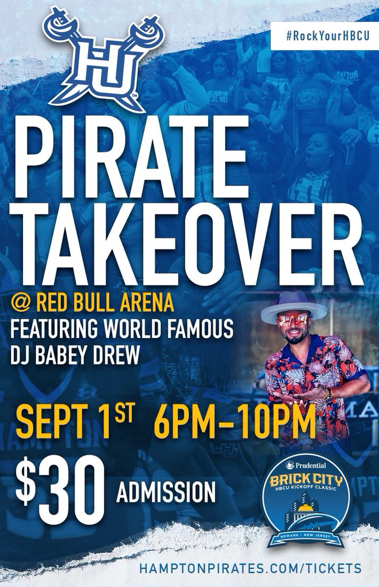 Don’t miss the Pirate Takeover, the official Alumni Mixer on Friday featuring Hampton’s own <a href="/DJBabeyDrew/">BabeyDrew</a>!

Tickets at hamptonpirates.com/brickcity