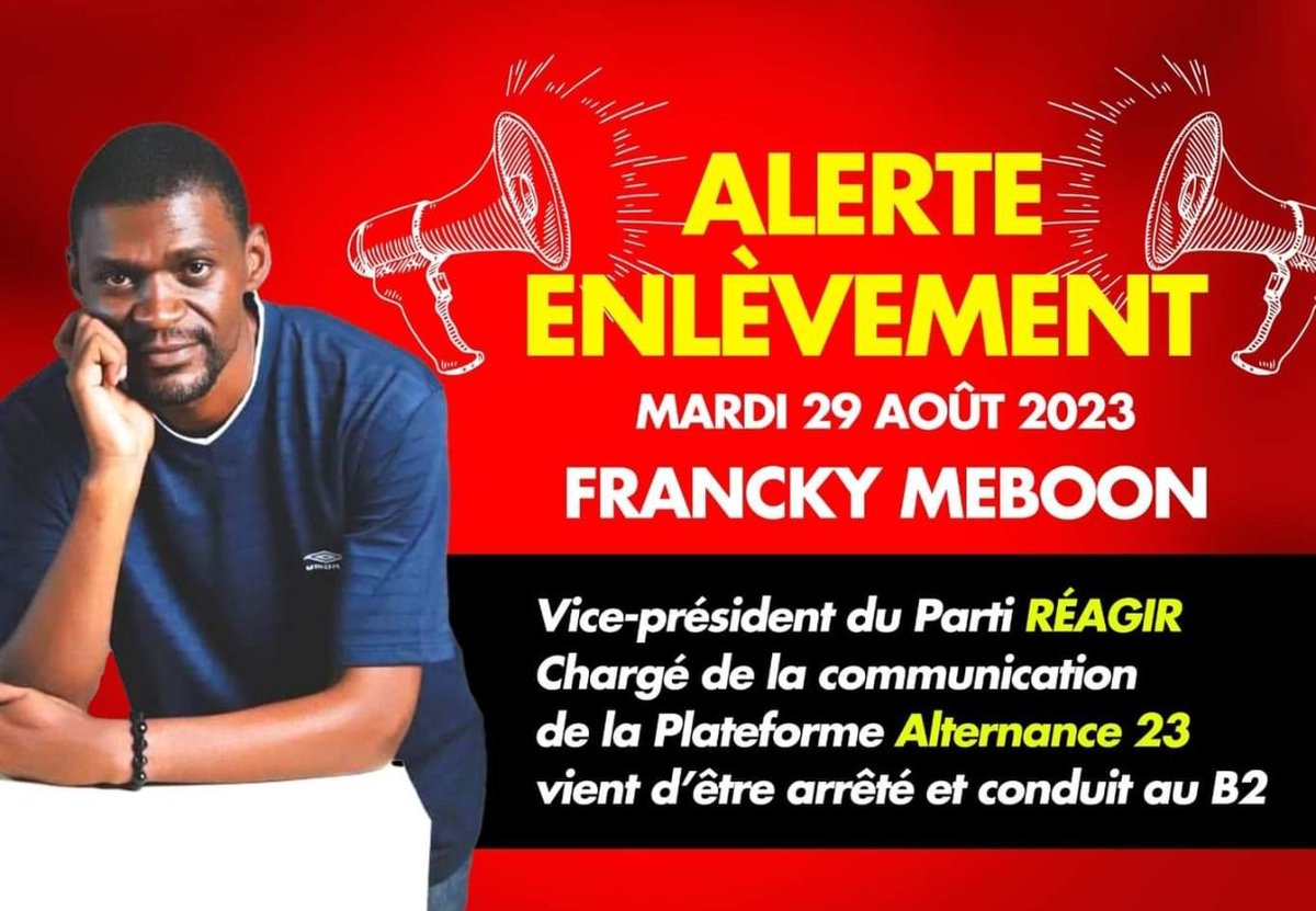 Francky Meboon, Vice Président du parti politique REAGIR ;  actif au sein de l’équipe de communication d’ALTERNANCE 2023 du  candidat @OndoOssaA_  a été arrêté ce matin aux aurores à son domicile . Il se trouve dans les locaux des services de renseignement militaire dit B2.