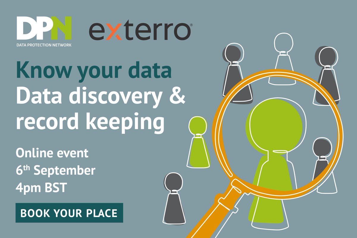 Data Protection Network (@dpntweet) on Twitter photo How to get to grips with the personal data your business holds and prioritise data risks? Tune in as our great line-up of speakers share their tips and take your questions on 6th September
☛ Book your place: dpnetwork.org.uk/events/data-di…
#dataprotection #gdpr #datadiscovery
<a href="/Exterro/">Exterro Inc.</a> How to get to grips with the personal data your business holds and prioritise data risks? Tune in as our great line-up of speakers share their tips and take your questions on 6th September
☛ Book your place: dpnetwork.org.uk/events/data-di…
#dataprotection #gdpr #datadiscovery
<a href="/Exterro/">Exterro Inc.</a>