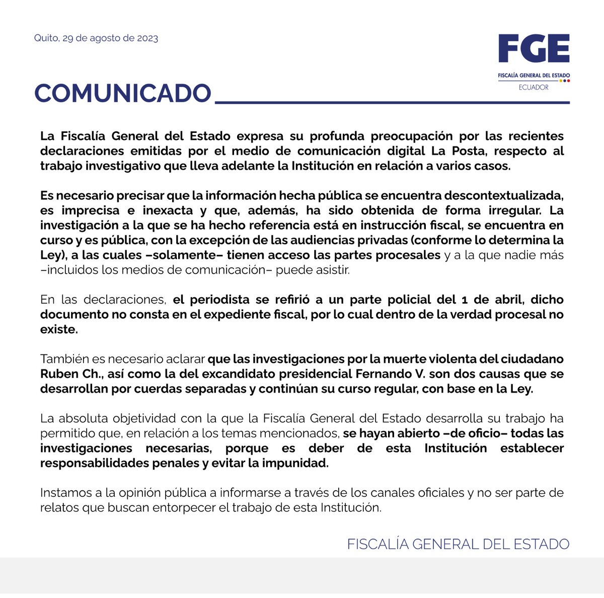#COMUNICADO | Respecto a las recientes declaraciones emitidas por el medio digital La Posta #FiscalíaEc informa a la ciudadanía. ⬇️