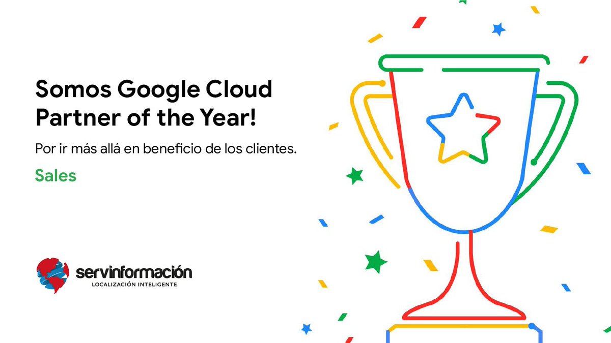 🏆¡Celebramos en Servinformación! 
Con orgullo anunciamos que hemos sido distinguidos como el #GoogleCloudPartner del año en la categoría de ventas. Este premio refleja nuestros éxitos en la comercialización de productos y en la creación de vínculos en toda Latinoamérica.