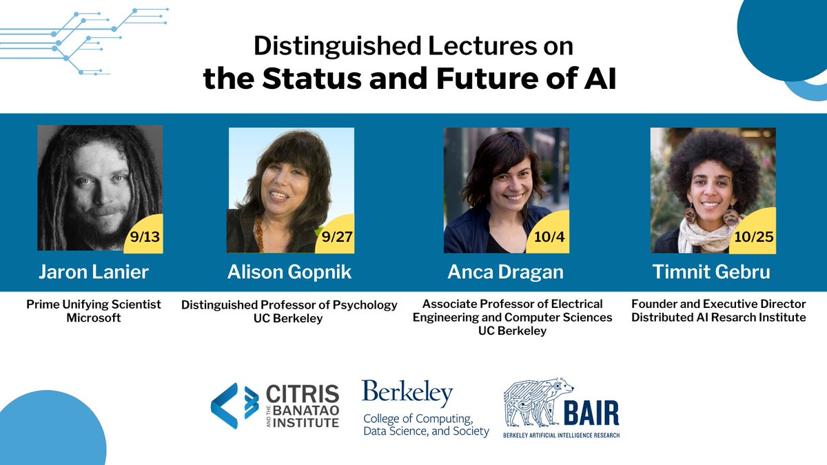 Berkeley Computing, Data Science, and Society (@berkeleycdss) on Twitter photo Eager for insight into the latest advances in #ArtificialIntelligence? Join CITRIS, @Berkeley_AI & <a href="/BerkeleyDataSci/">UC Berkeley CDSS</a> for four distinguished lectures on the status & future of #AI by renowned experts. RSVP now to watch in person, or view the livestreams!
data.berkeley.edu/news/ai-speake… Eager for insight into the latest advances in #ArtificialIntelligence? Join CITRIS, @Berkeley_AI & <a href="/BerkeleyDataSci/">UC Berkeley CDSS</a> for four distinguished lectures on the status & future of #AI by renowned experts. RSVP now to watch in person, or view the livestreams!
data.berkeley.edu/news/ai-speake…