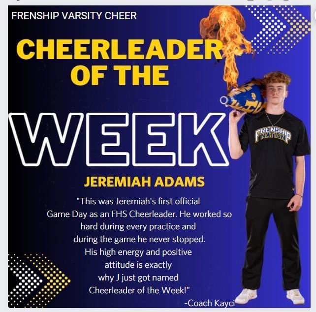 FrenshipHSCheer's tweet photo. CONGRATS TO OUR CHEERLEADERS OF THE WEEK!
Huge shoutout to
Varsity π£ Jeremiah
JV π£ Brinkley
Freshman π£ Kelsey
Way to set the tone for Week 1!
#FRFFTPFTS #WeAreFrenship #ShipCheer2023 #FHSCheerleaderOfTheWeek1 https://t.co/UKI0E9Ig1B