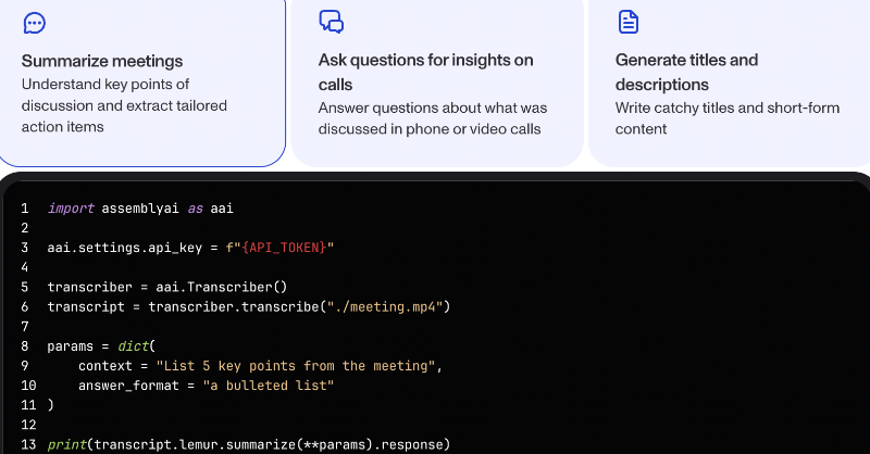 AssemblyAI's tweet photo. Search, summarize, ask questions, and generate new text from spoken data.