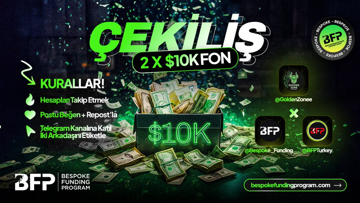 ✅ Toplamda 2 kişiye 10.000$ lık fon.

👉 Gerekenler ;

1️⃣ <a href="/GoldenZonee/">GOLDEN ZONE</a> @Bespoke_Funding <a href="/BFPTurkey/">Bespoke Funding Program Türkiye</a> hesaplarını takip etmek. 

2️⃣ Tweeti beğen + Retweet et. 

3️⃣ İki arkadaşını etiketle. 

4️⃣ t.me/BFP_Turkiye kanalına katıl

Kazananlar 48 saat içerisinde açıklanacaktır.