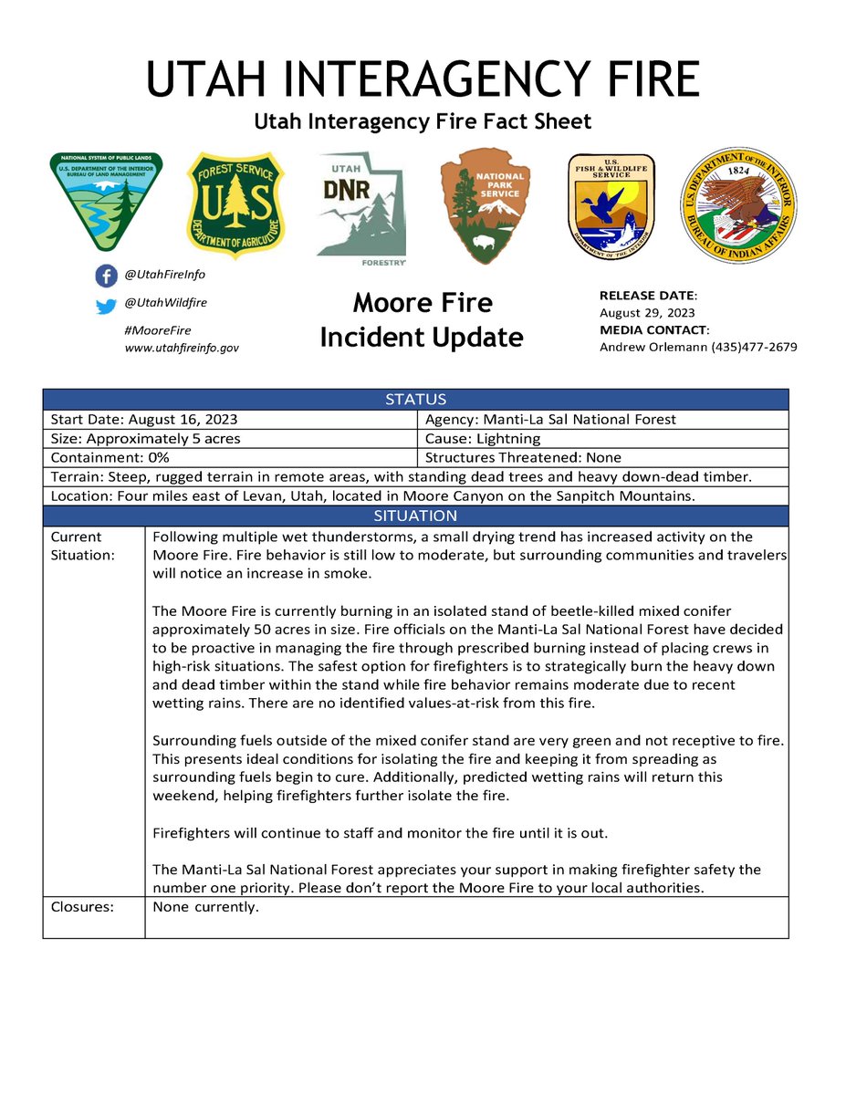 rifcdispatch's tweet photo. #MooreFire is 5 acres in size, burning in an isolated stand of beetle-killed mixed conifer. Surrounding communities and travelers will notice an increase in smoke as the #usfsMLF strategically burns heavy dead timber within a 50 acre area. Please do NOT report this fire. https://t.co/LqtmzZ1w3T
