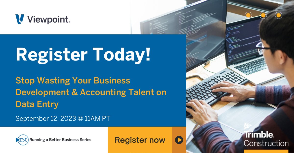 In construction, teams must collaborate to win new jobs but disconnected workflows cause confusion. 

Join Trimble Viewpoint and Unanet on 9/12 as they talk best practices in tech and explore how your ERP and CRM systems can save you time. 

Register now!
bit.ly/3P5NcYD