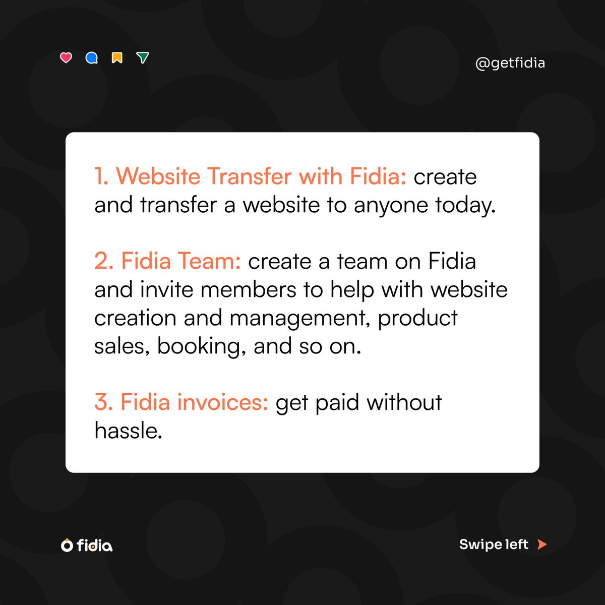 getfidia's tweet photo. Although Fidia has a lot of incredible features, you can start with these three;

Visit this link to see how invoices works: https://t.co/usa0sVIN93

Check out https://t.co/0VCOizJuJ0 💙 https://t.co/AxMCFRk8qq
