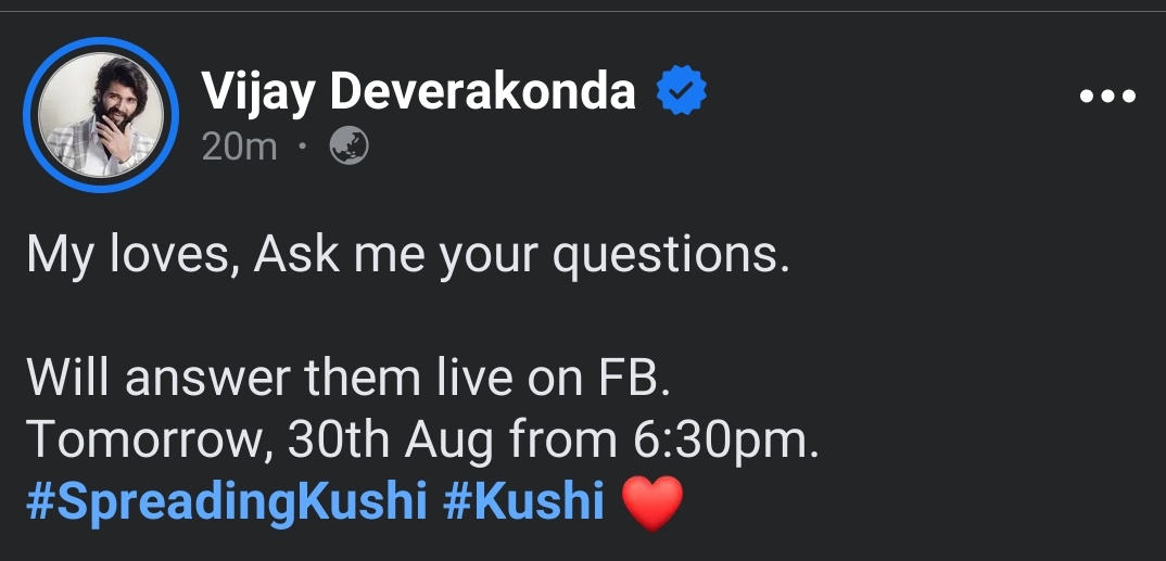 VDKMADHU's tweet photo. Latest Post Of @TheDeverakonda in Facebook on #AskVD 💥
#VijayDeverakonda #Kushi
#SpreadingKushi https://t.co/jVQG604hAu