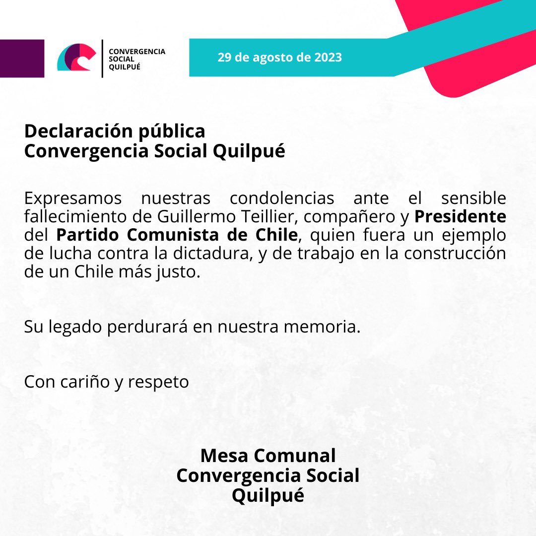CSQuilpue's tweet photo. Un afectuoso saludo a nuestros compañeros del @PCdeChile por el lamentable fallecimiento de Guillermo Teillier, un ejemplo de lucha contra la dictadura y de trabajo por un Chile más Justo.

Su legado perdurará en nuestra memoria. https://t.co/E6s6ZQQC5b