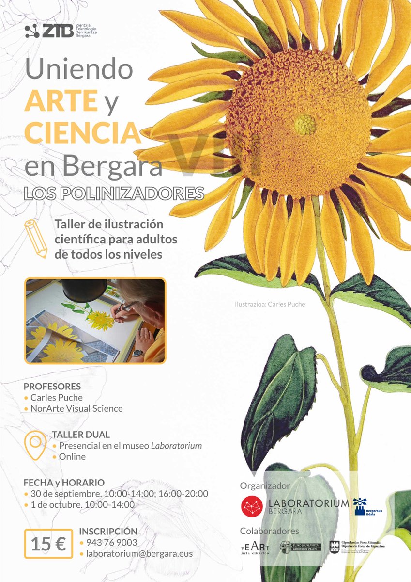 NorArte Visual Science (@norarte_vis_sci) on Twitter photo ¡Uniendo Arte y Ciencia en el @laboratoriummuseoa!
#Taller #IlustraciónCientífica junto con con @carlespuche
🗓️30 sept - 1 oct
⌛12 hrs
💰15€
🌟Taller presencial/online
🌻Tema: #polinización.
Inscripción: 943769003 y laboratorium@bergara.eus ¡Hasta pronto! ¡Uniendo Arte y Ciencia en el @laboratoriummuseoa!
#Taller #IlustraciónCientífica junto con con @carlespuche
🗓️30 sept - 1 oct
⌛12 hrs
💰15€
🌟Taller presencial/online
🌻Tema: #polinización.
Inscripción: 943769003 y laboratorium@bergara.eus ¡Hasta pronto!
