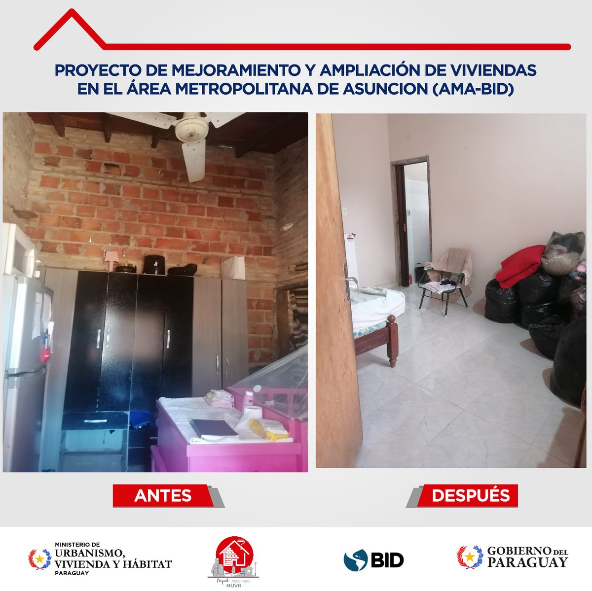 muvhpy's tweet photo. 📍SAN ANTONIO
✅Compartimos el resultado del trabajo de mejoramiento realizado a la vivienda de la familia Linares, que recibió un subsidio través del programa #AMABID.
🗣️"Nuestra hija tiene un lugar más seguro y confortable para su desarrollo integral".
#GobiernoDelParaguay https://t.co/e9CKUdDJmb