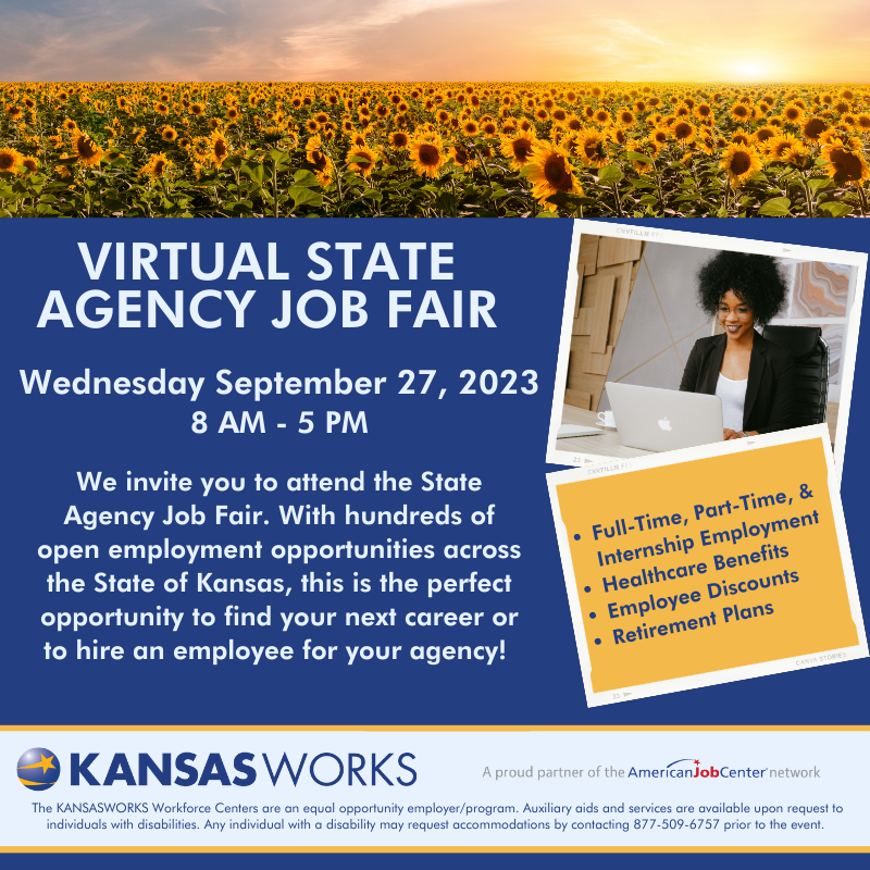 KansasWorkforce's tweet photo. Miss our last virtual job fair? Don't despair! There's already another on the horizon. Log on Sept. 27th from the comfort of your couch to browse over 700 careers with the State of Kansas!

Note: Premier Virtual is mobile-friendly, but we recommend using a PC to access the event. https://t.co/mUM3XAsi9x
