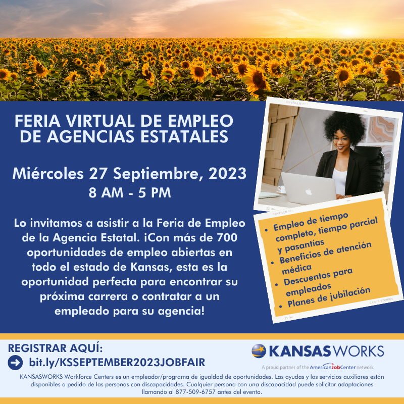 KansasWorkforce's tweet photo. Miss our last virtual job fair? Don't despair! There's already another on the horizon. Log on Sept. 27th from the comfort of your couch to browse over 700 careers with the State of Kansas!

Note: Premier Virtual is mobile-friendly, but we recommend using a PC to access the event. https://t.co/mUM3XAsi9x