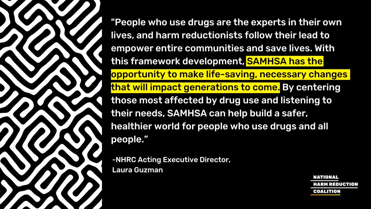🧵We applaud <a href="/samhsagov/">SAMHSA</a> as the 1st federal agency to release a “Harm Reduction Framework” w/ requests for feedback, &amp; call on SAMHSA to make necessary changes to save lives. 

Read our full comments: bit.ly/SAMHSAHRframew…